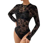 seiveini Body Femme Sexy Manches Longues Elegante Lingerie Body en Dentelle Blouse Chemise à Col en V Bodysuit Moulant Haut Top Sexy Slim Combinaison Elégant F Noir L