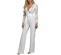 seiveini Combinaison de Soirée Femme Sexy Grande Taille Pantalon Slim Manches Longues en Dentelle de Soie à Col V Casual Large Romper Clubwear Bodywear Partysuit la Cérémonie Blanc L