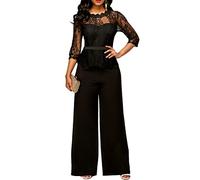 seiveini Combinaison Femmes en Dentelle Pantalon Chic Soirée à Col V Manches Longues Pantalons Skinny Slim Fit Combishort Taille Haute Vêtements de Travail Jumpsuit en Dentelle Noir XL