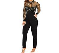 seiveini Combinaison Femmes en Dentelle Pantalon Chic Soirée à Col V Manches Longues Pantalons Skinny Slim Fit Combishort Taille Haute Vêtements de Travail Jumpsuit en Dentelle C Noir XL