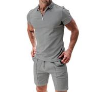 seiveini Ensemble Jogging Homme Polo à Zip Manches Courtes + Shorts 2 Pièces d'été pour Hommes Activewear Ensembles de Survêtement Été pour Fitness Sport Course A Gris L