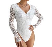 seiveini Femme Body Dentelle Manches Longues Bodysuit Jumpsuit Moulant Haut Top Shirt Sexy Corset Slim Combinaison Col V Clubwear Femme Salopette Lingerie Bodies Chemise D Blanc M
