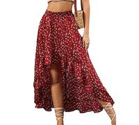 seiveini Femme Jupe Floral Longue Chic Asymétrique avec Volants Boho Fluide en Tull Plissée Évasée en Mousseline de Jupes Midi Casual pour Printemps Et Été Skirt C Rouge M