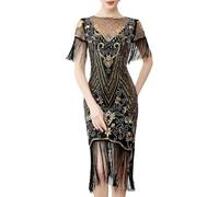 Seiveini Femme Robe à Paillettes Franges Années 20 Manches en Maille Charleston Vintage Élégante Gatsby Cocktail Club Outfit Sexy Soirée Bal Fete Tunique A Noir XS