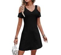 seiveini Femme Robe D'été Court sans Manches Elegant Casual Modi Robe Fluid Col en V Robe Pas Cher Boho Robe de Plage à Bretelles Robe Casual Été Ample Robe Évidé Décontracté A Noir M