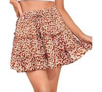 seiveini Jupe Courte Femme Ete Chic Boho Jupe à Fleurs Plissée Évasée Jupe Fluide Imprimé Fleuri Évasée Jupe de Plage Taille Elastique Mini Jupe à Volants A-Ligne Vintage A Rouge XL