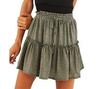 seiveini Jupe Femme Courte Ete Jupe Fluide Imprimée Floral Elegant Mini Jupe à Volants Taille Elastique Vintage Boho Jupe de Plage Evasée Casual Jupe A Ligne Trapèze Vintage D Vert M