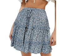 seiveini Jupe Femme Courte Ete Jupe Fluide Imprimée Floral Elegant Mini Jupe à Volants Taille Elastique Vintage Boho Jupe de Plage Evasée Casual Jupe A Ligne Trapèze Vintage A Bleu L