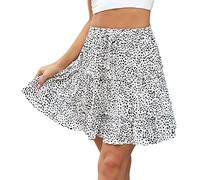 seiveini Jupe Femme Courte Ete Jupe Fluide Imprimée Floral Elegant Mini Jupe à Volants Taille Elastique Vintage Boho Jupe de Plage Evasée Casual Jupe A Ligne Trapèze Vintage A Blanc L