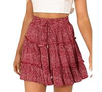seiveini Jupe Femme Courte Ete Jupe Fluide Imprimée Floral Elegant Mini Jupe à Volants Taille Elastique Vintage Boho Jupe de Plage Evasée Casual Jupe A Ligne Trapèze Vintage B Rouge L