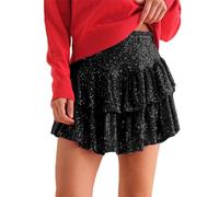 Seiveini Jupe Plissée Femme Taille Haute à Paillettes Mini Patineuse A-Line Courte Évasée Volant Party Plage Noir M
