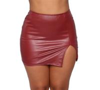 seiveini Jupes en Cuir Femme Mini Jupe Crayon avec Fendue Sexy Wetlook Vintage Mini-Jupe Moulante en PU Club Soirée Fête A Vin Rouge XL