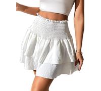 Seiveini Mini Jupe Femme Été Courte Plissée A-Ligne Taille Haute à Volants Superposés Chic Mode Trapèze Casual Boho de Plage Couleur Unie Blanc XXL