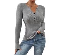 seiveini Pull Femme Slim Fit Col V sous Pulls Tricot Basique T Shirt Henley Manches Longues Coupe Ajustée Automne Hiver A Gris XL