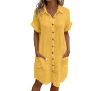 seiveini Robe Chemise Femme Manches Courtes Robes Tunique Printemps été Midi Robe-Blouse avec Boutons Couleur Unie A Jaune 3XL