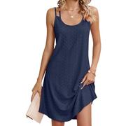seiveini Robe Été Femme Court Élégant Boho Robe D'été à Fines Bretelles Sexy Robe Pas Cher Taille Haute Midi Robe de Plage Dentelle Évidé Col Rond Robe Fluide à sans Manches Mode B Marine XL