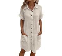 seiveini Robe Femme Été Midi Robes de Chemise Manches Courtes Robe-Tunique d'été Mi-Longue Décontractée A Abricot 3XL