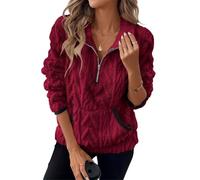 seiveini Sweatshirt Femme Polaire 1/4 Zippé Sweat Pull en Peluche Chaud Manches Longues avec Poches Automne Hiver A Vin Rouge S