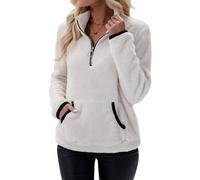 seiveini Sweatshirt Femme Polaire 1/4 Zippé Sweat Pull en Peluche Chaud Manches Longues avec Poches Automne Hiver B Blanc XXL