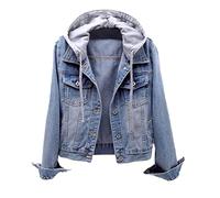 Seiveini Veste en Jeans Femme Courte Automne Hiver Avec Poches Casual Blouson à Capuche Manches Longues Boutonnée Boyfriend Jacket Ample Vintage A Bleu XXL