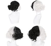 SEIZIS Cosplay Wig Perruques Cosplay for Cruella de Vil, Cheveux Courts Noirs et Blancs for Costume Femme, Perruques Ondulées Résistantes à la Chaleur for Halloween Carnaval de Noël