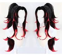 SEIZIS Cosplay Wig Tueur de démons: Kimetsu no Yaiba Kokushibou Cosplay Perruques Fibre Haute température Cheveux Noirs et Rouges + queues de Cheval Simples + Bonnet de Cheveux Gratuit