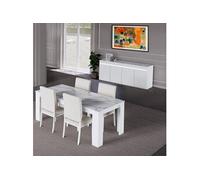 Séjour Table + Buffet Laqué Blanc Brillant et Imitation Marbre - CHRIS WHITE -