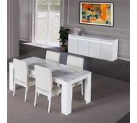 AltoBuy Chris White - Séjour Table + Buffet Laqué Blanc Brillant et Imitation Marbre
