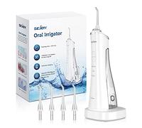 Sejoy Jet Dentaire Hydropulseur Dentaire sans Fil, hydropulseurs et irrigateurs avec Socle Rechargeable de Voyage,3 Modes et 4 Buses, IPX7 Étanche, Irrigateur Dentaire, Blanc