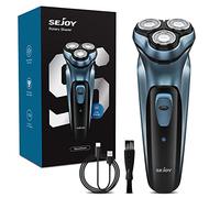 Sejoy Rasoir électrique pour homme, rasoir rotatif, rasoir électrique rechargeable avec tondeuse pop-up, charge rapide en 1 heure, tête flottante 3D, indicateur de puissance LCD