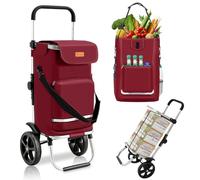 Sekey Chariot de Courses Pliable 3 en 1, Caddie Isotherme avec Sangle de Fixation, Sac Bandoulière et Porte-Bouteille, Trolley/Diable Pliable pour Courses, Camping - Rouge