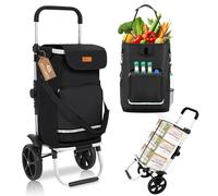 Sekey Chariot de Courses Pliable avec Sangle de Fixation, Caddie Isotherme 3 en 1 avec Sac à Bandoulière et Porte-Bouteille, Trolley et Diable Pliable Idéal pour Les Courses et Le Camping - Noir