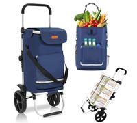 Sekey Chariot de Courses Pliable Premium Bleu avec Sangle de Fixation, Caddie Isotherme 3 en 1 avec Sac à Bandoulière et Porte-Bouteille, Trolley et Diable Pliable Idéal pour le Camping et les Courses