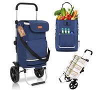 Sekey Chariot de Courses Pliable Premium Bleu avec Sangle de Fixation, Caddie Isotherme 3 en 1 avec Sac à Bandoulière et Porte-Bouteille, Trolley et Diable Pliable Idéal pour le Camping et les Courses