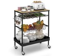 Sekey Chariot de Service, Chariot de Bar avec Porte-Bouteilles et Porte-gobelets, Plaque MDF, Haken, Griff, Roues 360° avec Frein, Antirouille, Chariot de Cuisine Pour Cuisine,Bar,Salle à Manger, Noir