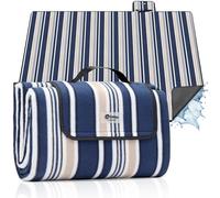 Sekey Couverture Pique-Nique 200x200 cm, Nappe Anti-Sable, Fond PEVA Imperméable, Tapis Pique-Nique Pliant, Idéal pour Camping, Plage et Pré, Rayures Bleu-Blanc-Beige