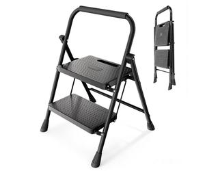 Sekey Escabeau 2 Marches Pliable, Marchepied Escamotable Structure Acier, Compact Sécurisé, Marches Antidérapantes, Certifié TÜV SGS en 131-2 14183, 150 kg, Cuisine & Domestique, Noir