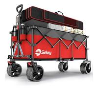 Sekey XXXL Chariot de Transport Pliable avec Freins 300L 200KG, Chariot de Plage Jardin avec Roues Extra Larges 17x10 cm, Pliable Breveté dans Quatre Directions SE4013, Rouge avec Gris