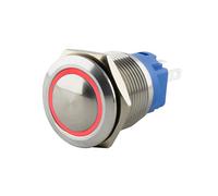 SeKi Bouton poussoir en acier inoxydable - Diamètre : 16 mm - Forme de tête bombée - Anneau LED coloré - Œillets à souder rouges - Connecteur 0,5 x 2,8 mm - Bouton de sonnette