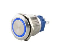 SeKi Bouton poussoir en acier inoxydable - Diamètre : 16 mm - Forme de tête plate - Anneau LED coloré éclairé en bleu - Œillets à souder - Connecteur plat 0,5 x 2,8 mm - Bouton de sonnette