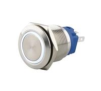 SeKi Bouton poussoir en acier inoxydable - Diamètre : 16 mm - Forme de tête plate - Anneau LED coloré éclairé - Œillets à souder blancs - Connecteur 0,5 x 2,8 mm - Bouton de sonnette