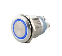 SeKi Bouton poussoir en acier inoxydable - Diamètre : 16 mm - Forme de tête plate - Anneau LED coloré éclairé - Raccord à vis bleu - Bouton de sonnette