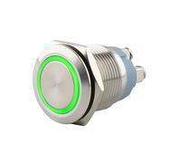 SeKi Bouton poussoir en acier inoxydable - Diamètre : 16 mm - Forme de tête plate - Anneau LED coloré éclairé - Raccord à vis vert - Bouton de sonnette