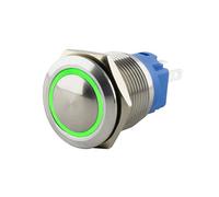 SeKi Bouton poussoir en acier inoxydable - Diamètre : 19 mm - Forme de tête bombée - Anneau LED coloré - Œillets à souder verts - Connecteur 0,5 x 2,8 mm - Bouton de sonnette