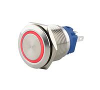 SeKi Bouton poussoir en acier inoxydable - Diamètre : 19 mm - Forme de tête plate - Anneau LED coloré éclairé - Œillets à souder rouges - Connecteur 0,5 x 2,8 mm - Bouton de sonnette