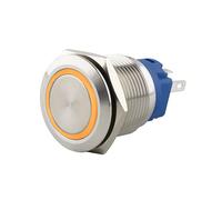 SeKi Bouton poussoir en acier inoxydable - Diamètre : 19 mm - Forme de tête plate - Anneau LED coloré - Œillets à souder jaunes - Connecteur 0,5 x 2,8 mm - Bouton de sonnette