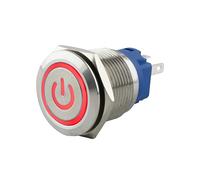 SeKi Bouton poussoir en acier inoxydable - Diamètre : 19 mm - Forme de tête plate - Symbole de puissance lumineux en rouge - Œillets à souder - Connecteur plat 0,5 x 2,8 mm - Bouton de sonnette.