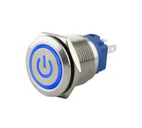 SeKi Bouton poussoir en acier inoxydable - Diamètre : 19 mm - Forme de tête plate - Symbole Power éclairé en bleu - Œillets à souder - Connecteur plat 0,5 x 2,8 mm - Bouton de sonnette.
