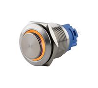 SeKi Bouton poussoir en acier inoxydable - Diamètre : 19 mm - Forme de tête saillante - Anneau LED coloré - Œillets à souder jaunes - Connecteur plat 0,5 x 2,8 mm - Bouton de sonnette