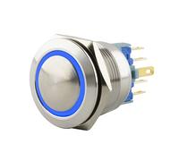 SeKi Bouton poussoir en acier inoxydable - Diamètre : 22 mm - Forme de tête bombée - Anneau LED coloré - Œillets à souder bleus - Connecteur 0,5 x 2,8 mm - Bouton de sonnette
